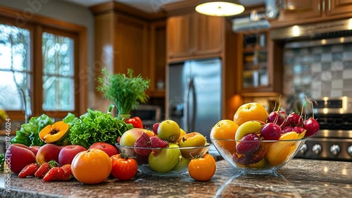 A vibrant display of fresh fruits and vegetables in a kitchen setting