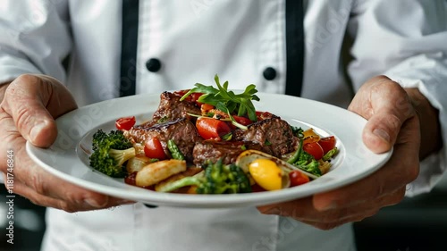 Wallpaper Mural Culinary presentation featuring grilled meat and fresh vegetables served by a chef in a professional kitchen setting Torontodigital.ca