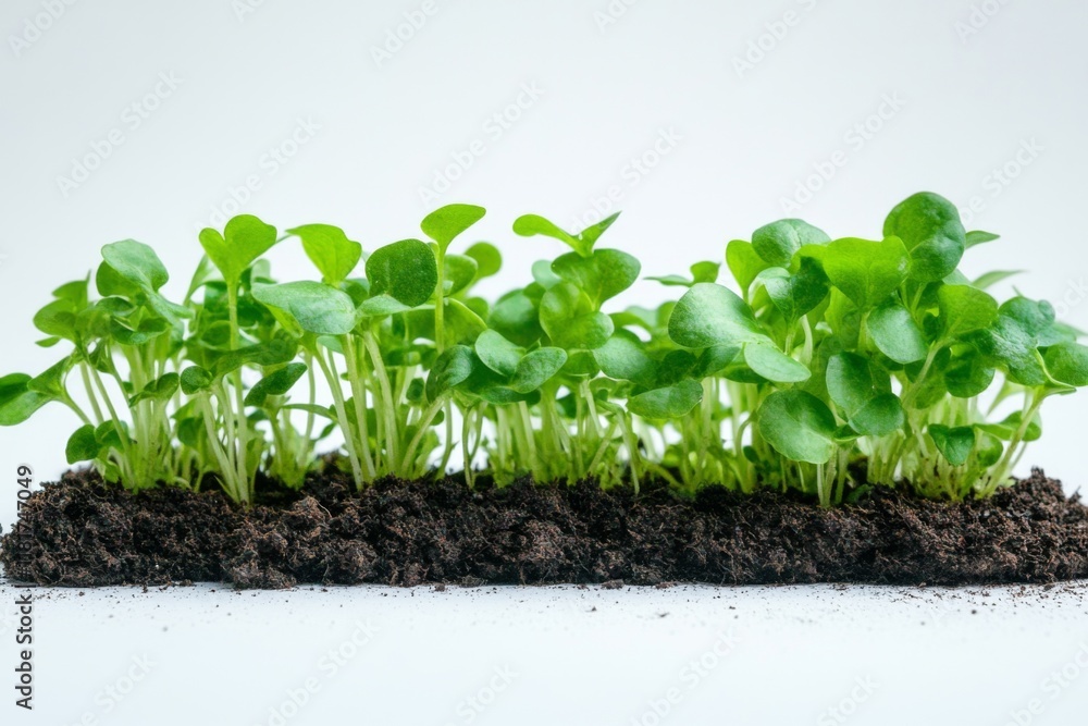 Row of fresh green seedlings planted in dark soil Row of fresh green seedlings planted in dark soil