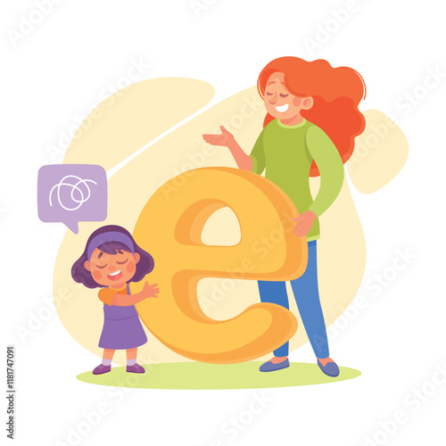 Speech with Teacher Explaining Alphabet to Little Girl Vector Illustration