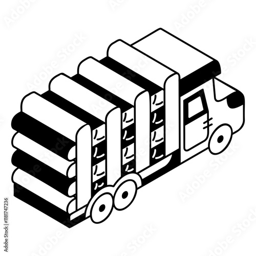 discrete tractor hauling the logs with solid tires isometric concept, Fresh cut pine log on Flatbed vector outline design,  firewood or crafts Symbol,  forest Deforestation products Sign,Lumberyard