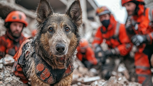 Rescue dog in action during disaster response operations, showcasing the bravery and dedication of rescue teams working in challenging conditions.