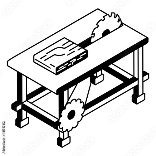 Auto Feeding Wood Log Sawing Cutting Machine isometric concept, Power Tool Working with circulation saw vector outline design,  firewood or crafts Symbol,  forest Deforestation products Sign mill yard