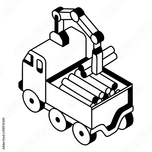forwarder moving large felled logs isometric concept, Log loaders  transport trucks vector outline design,  firewood or crafts Symbol,  forest Deforestation products Sign,Lumberyard stock illustration