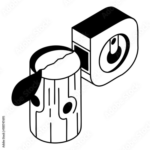 Measuring the Log with Logger Tape isometric concept, Checking Size of Crooked tree vector outline design,  firewood or crafts Symbol,  forest Deforestation products Sign,Lumberyard stock illustration