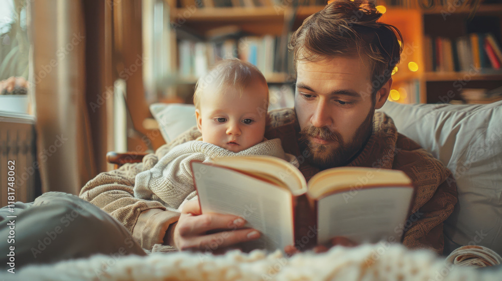 Father and baby enjoying story time on a cozy sofa in a warm living room setting Father and baby enjoying story time on a cozy sofa in a warm living room setting