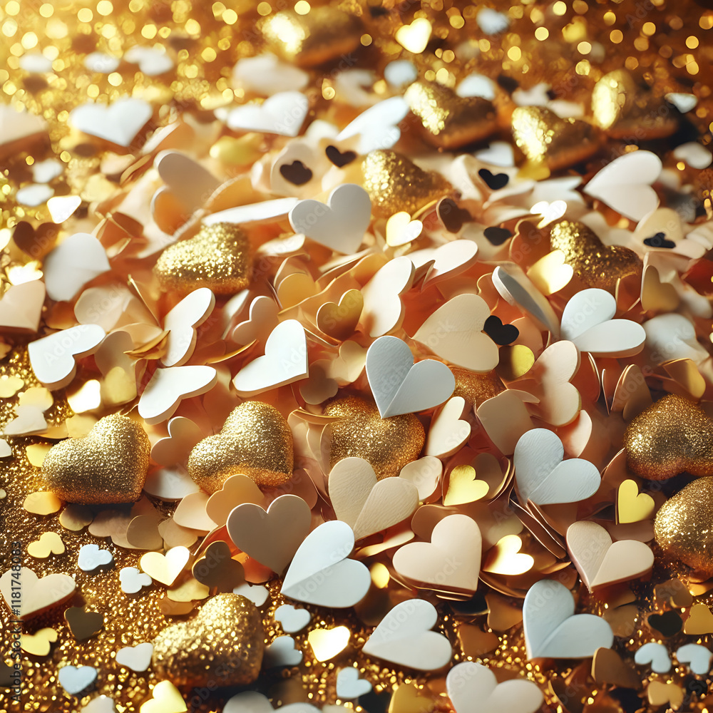 Fototapeta premium An image of a multitude of small paper hearts scattered among golden confetti on a festive background, Valentine's Day