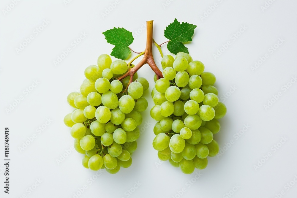 A bunch of green grapes arranged to resemble human lungs against a clean white background symbolizing health and vitality A bunch of green grapes arranged to resemble human lungs against a clean white background symbolizing health and vitality