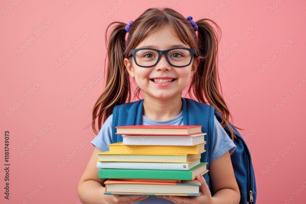 Happy Girl Student with Backpack Holding Stack of Colorful Books Happy Girl Student with Backpack Holding Stack of Colorful Books