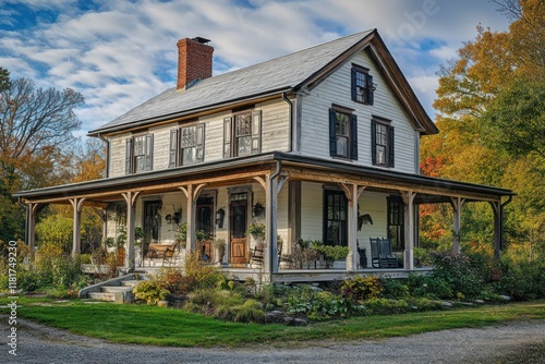 A traditional farmhouse with large front porch, wooden beams, and antique charm