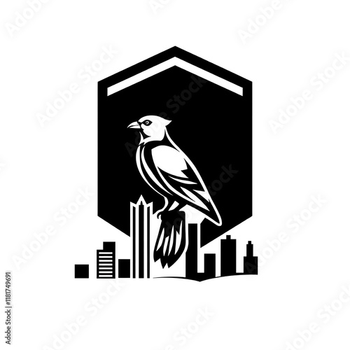 Urban Bird Logo: A sleek, minimalist bird logo perched atop a city skyline, embodying both freedom and urban sophistication. The bird's silhouette is striking against the simple cityscape. photo