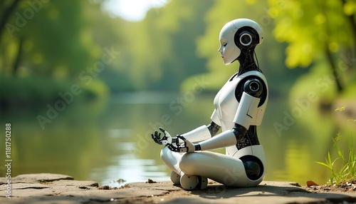 A robot doing yoga, contemplating its existence, ai and technology concept