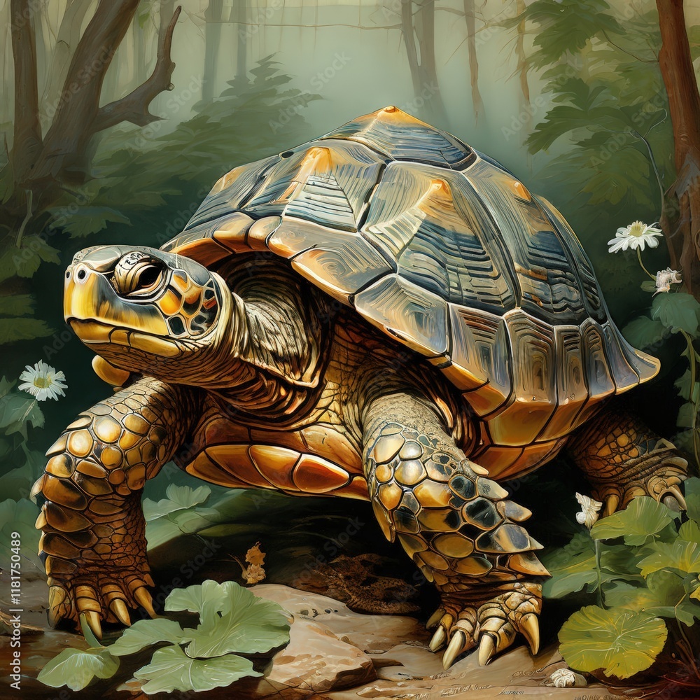 Fototapeta premium the AI Image Generator, Illustrated Turtle in Natural Forest Setting w