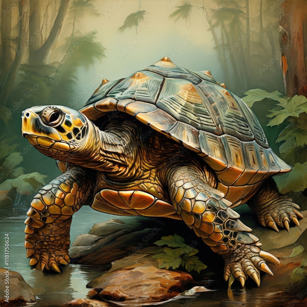 Naklejka premium the AI Image Generator, Illustrated Turtle in Natural Forest Setting w