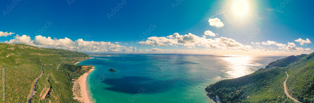 Panoramic aerial view of Arrabida beach. Rocky seascape. Creiro beach. Setubal region, Atlantic Ocean, Portugal