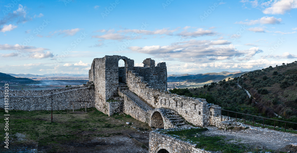 Defensive wall and mountain landscape at the castle of Berat, Albania Defensive wall and mountain landscape at the castle of Berat, Albania