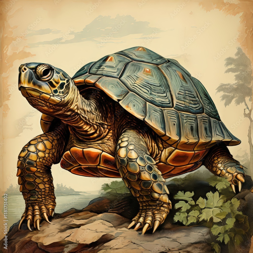 Fototapeta premium the AI Image Generator, Illustrated Turtle in Natural Forest Setting w