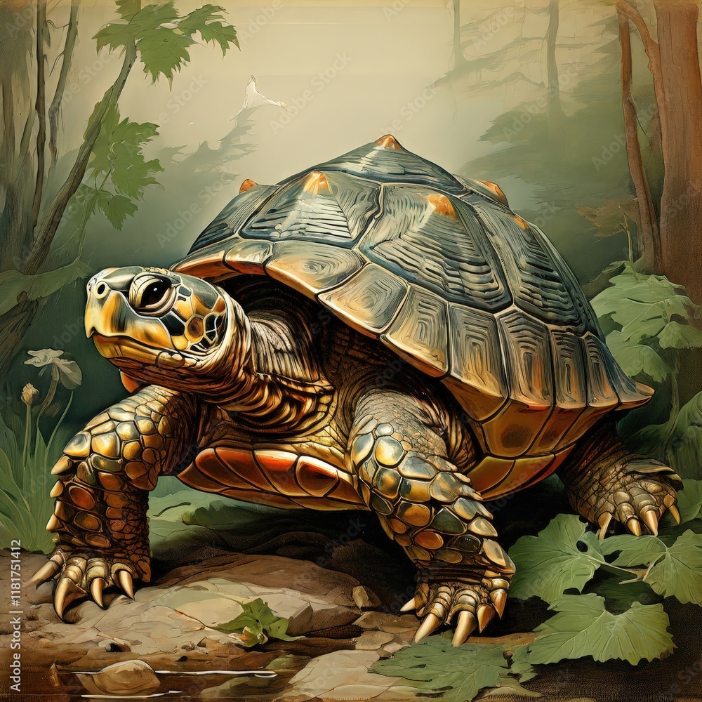 Fototapeta premium the AI Image Generator, Illustrated Turtle in Natural Forest Setting w