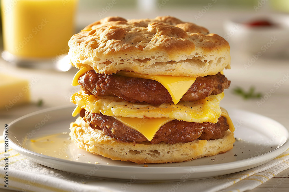 Biscuit breakfast sandwich, fluffy biscuit filled with egg, cheese, and sausage. Biscuit breakfast sandwich, fluffy biscuit filled with egg, cheese, and sausage.
