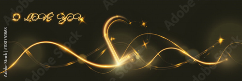 Golden glowing light trail forming a heart shape with sparkles and smooth curves on dark background, symbolizing love, romance, and celebration.