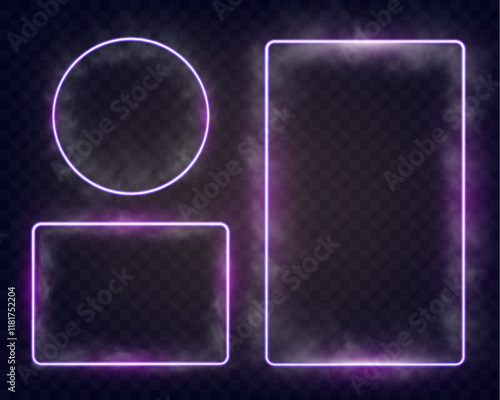 Neon smoke banner vector collection featuring glowing purple neon shapes including hexagon, rectangle, triangle, circle, heart, and other frames on dark transparent background.	
