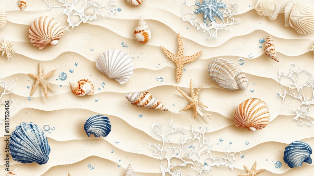 seashell pattern, coastal-themed seamless summer clipart with delicate seashells, wave icons, and sandy footprints on a soft beige background seashell pattern, coastal-themed seamless summer clipart with delicate seashells, wave icons, and sandy footprints on a soft beige background