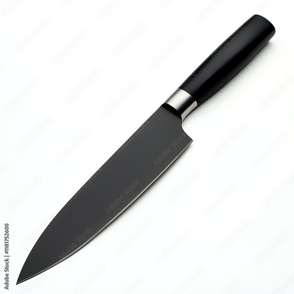 Sharp kitchen knife with a sleek black handle, isolated on a white background. Sharp kitchen knife with a sleek black handle, isolated on a white background.