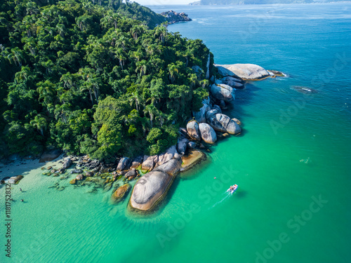 Aerial View of a Boat in the South Corner of  Campeche Island in Florianopolis Santa Catarina, Brazil