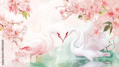 Elegant Swans Under Cherry Blossoms, Romantic Swans, Beautiful Nature