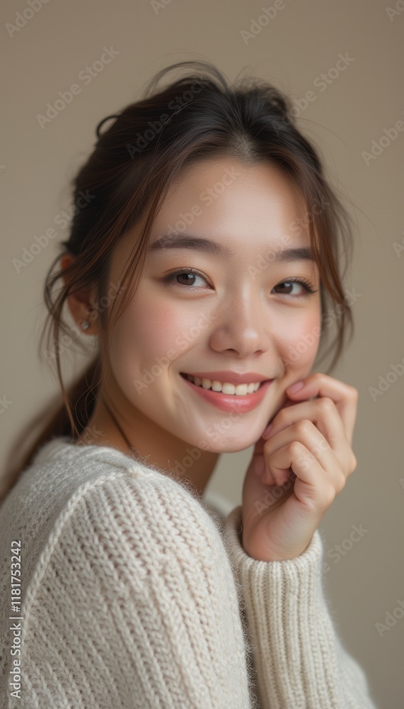 A cheerful young woman with long, dark hair smiles gently, showcasing her natural beauty and warmth. Her cozy cream sweater and soft expression create an inviting atmosphere, radiating joy and A cheerful young woman with long, dark hair smiles gently, showcasing her natural beauty and warmth. Her cozy cream sweater and soft expression create an inviting atmosphere, radiating joy and