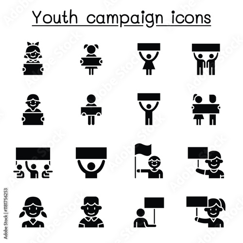 Youth campaign related vector line icons. contains such Icons as banner, placard, advertising, teen, protest, demand, boy, girl, poster, youth day and more.