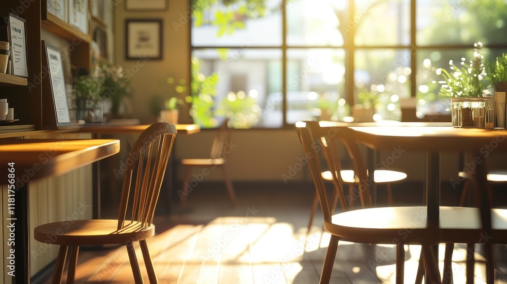 Sunny cafe interior, empty tables, chairs, sunlight streaming through window, plant decor, menu design Sunny cafe interior, empty tables, chairs, sunlight streaming through window, plant decor, menu design