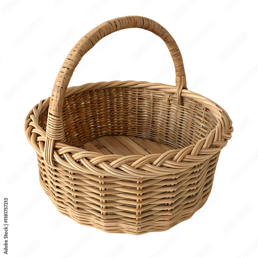 Fototapeta premium Empty light brown woven wicker basket with handle