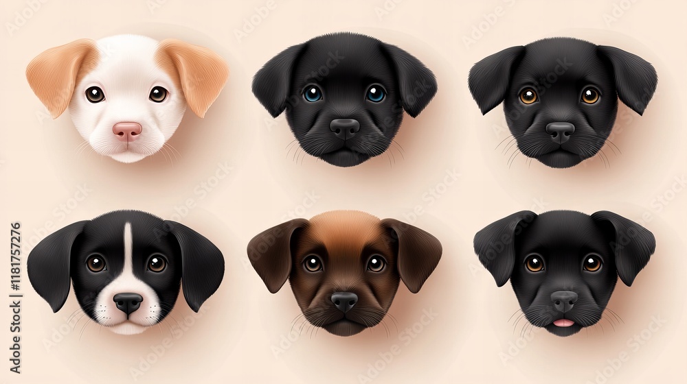 Fototapeta premium Adorable puppies with different fur colors, posing for the camera. A collection of cute dog portraits.