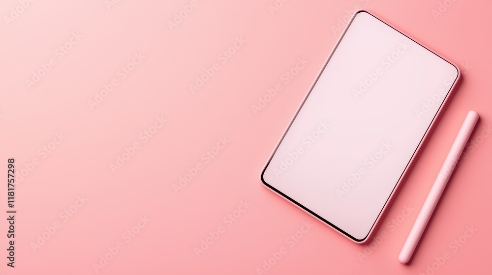 Minimalist Flat Lay of Tablet and Stylus on Pink Background Minimalist Flat Lay of Tablet and Stylus on Pink Background