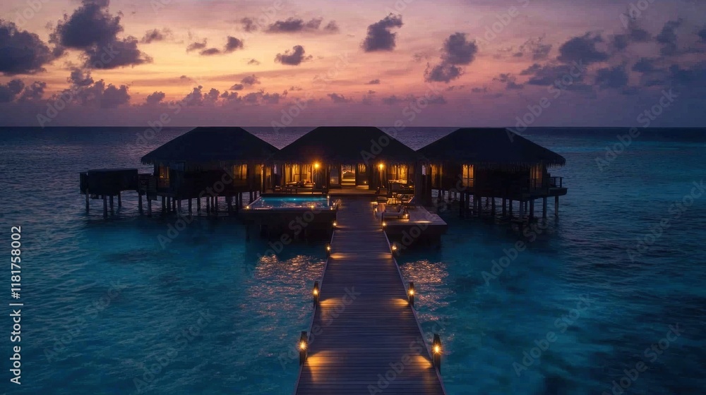 Tropical overwater bungalows sunset ocean luxury resort Tropical overwater bungalows sunset ocean luxury resort