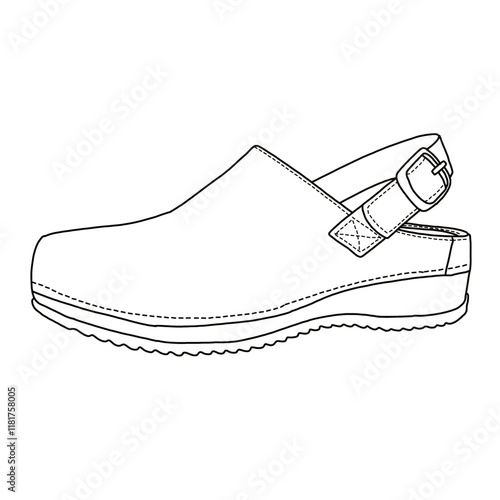 Women's Sling-Back Mules shoes line art, Technical sketch hand drawing outline vector doodle side isometric view isolated on white background for coloring page