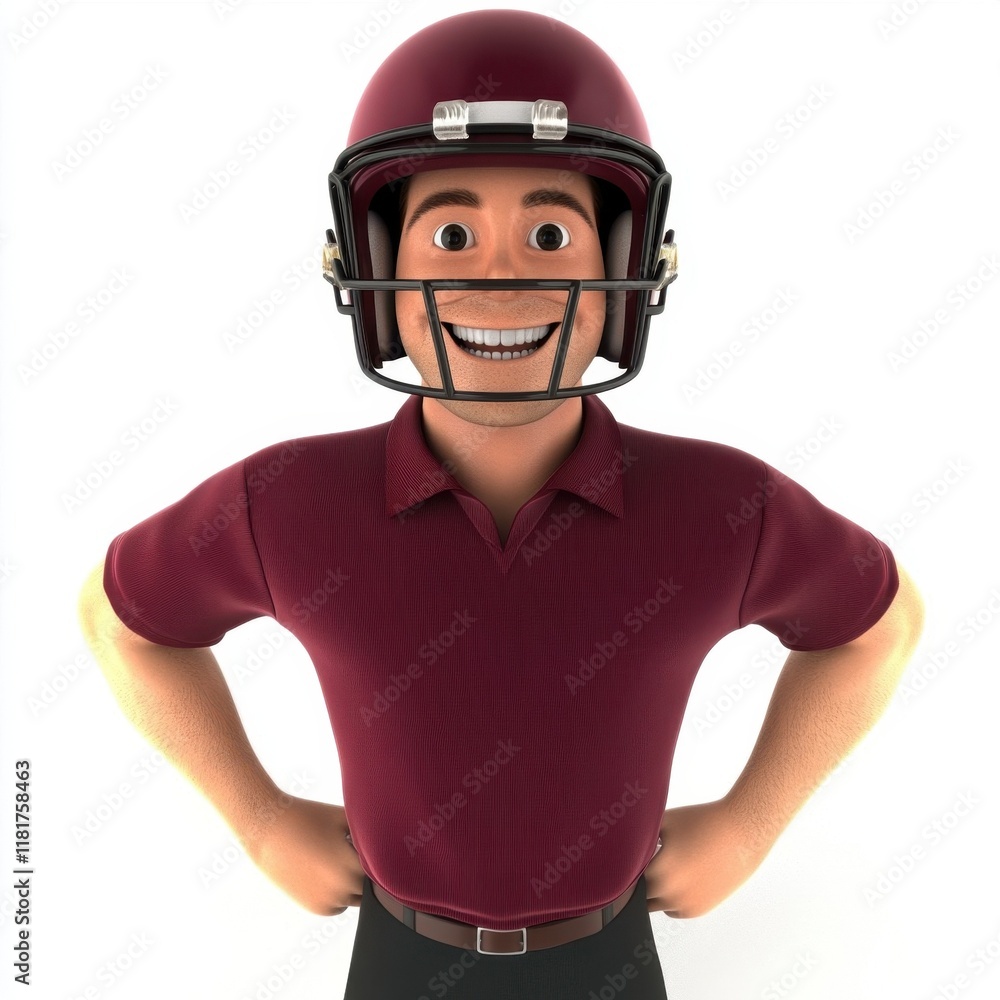 A cheerful cartoon character in a maroon cricket uniform and helmet, posing confidently with hands on hips. A cheerful cartoon character in a maroon cricket uniform and helmet, posing confidently with hands on hips.