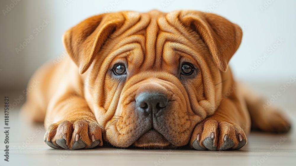 Adorable close-up of a Shar Pei puppy resting on a wooden floor, showcasing its unique wrinkled face and expressive eyes Adorable close-up of a Shar Pei puppy resting on a wooden floor, showcasing its unique wrinkled face and expressive eyes
