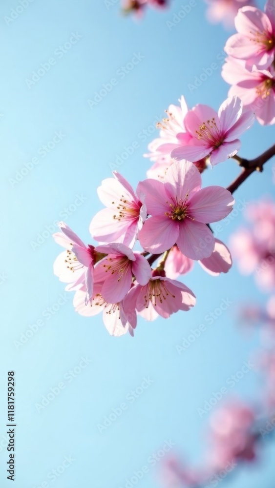 cherry blossoms blooming on a branch against a blue sky, spring flowers symbolizing renewal and beauty, concept of seasonal change and nature's elegance for travel, floristry, and wellness industries cherry blossoms blooming on a branch against a blue sky, spring flowers symbolizing renewal and beauty, concept of seasonal change and nature's elegance for travel, floristry, and wellness industries