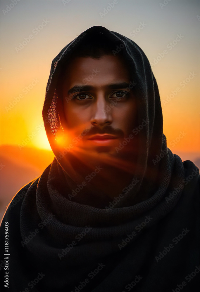 A cool male model in black with an orange background and mysterious hair A cool male model in black with an orange background and mysterious hair
