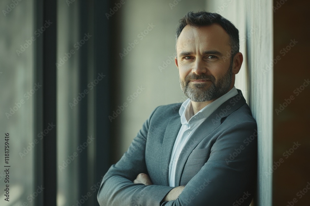 Fototapeta premium Confident Businessman in Modern Office Environment with Natural Light, Professional Attire and Thoughtful Expression Facing Camera