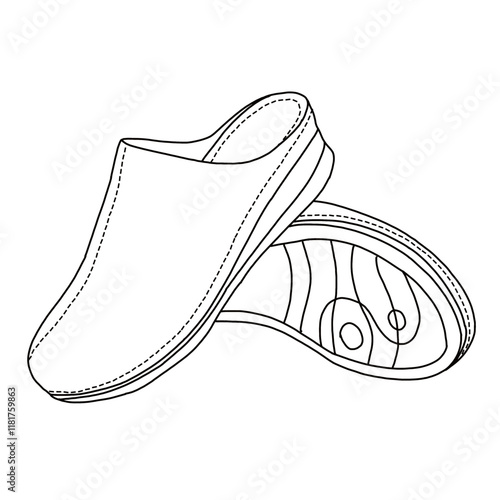 Women's Mules Slip-on: Closed Toe shoes line art, Technical sketch hand drawing outline vector doodle side and bottom view isolated on white background for coloring page