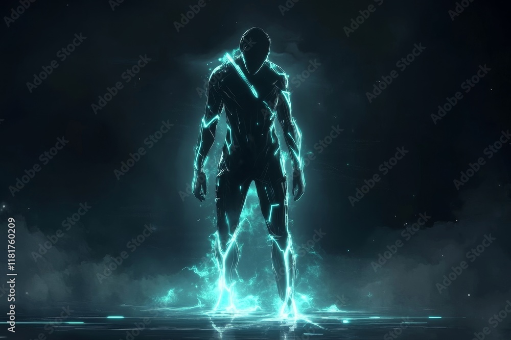 Fototapeta premium Futuristic Abstract Figure with Glowing Electric Patterns Emanating Energy in a Dark Mystical Environment Surrounded by Ethereal Smoke and Light Rays