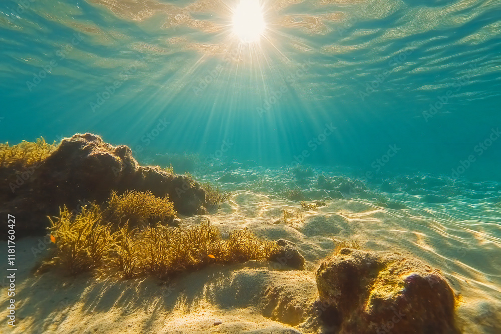 Fototapeta premium Marine fauna and flora, clean scene at the bottom of the sea with rays of sunshine. Clean underwater