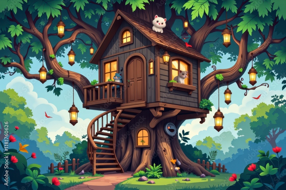 Fototapeta premium Enchanting Treetop House with Cats Spiral Staircase and Glowing Lanterns in a Lush Forest