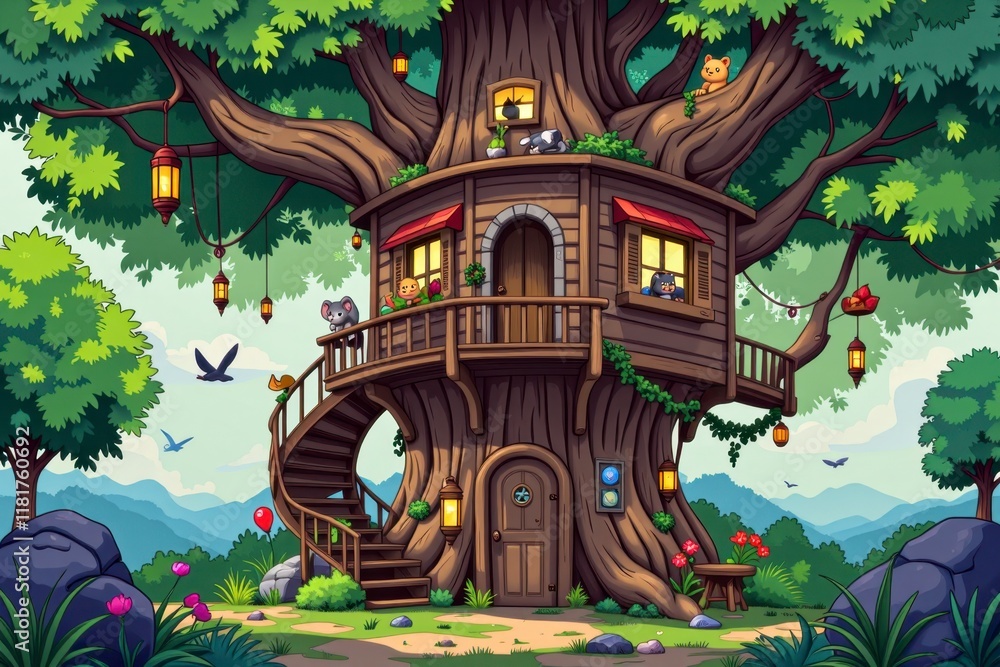 Fototapeta premium Enchanting Treetop House in Lush Forest Landscape with Adorable Animals