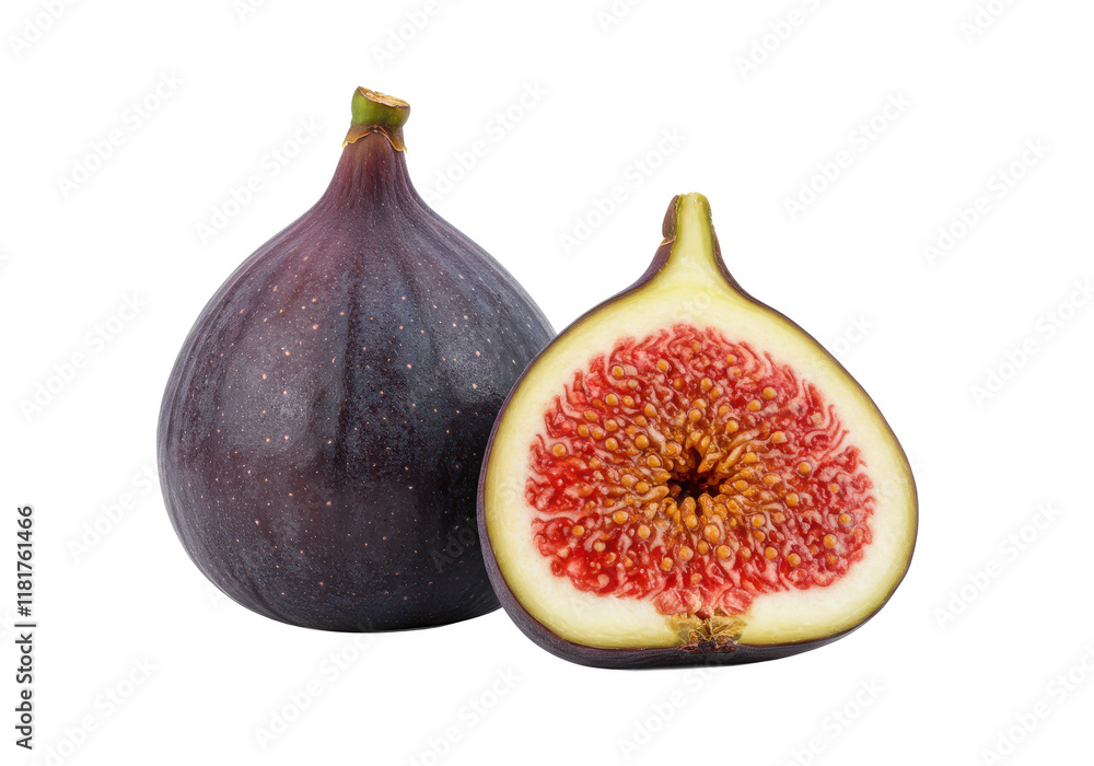 A whole fig and a sliced fig showing its inner texture, isolated on white background, no depth of field, sharp. A whole fig and a sliced fig showing its inner texture, isolated on white background, no depth of field, sharp.