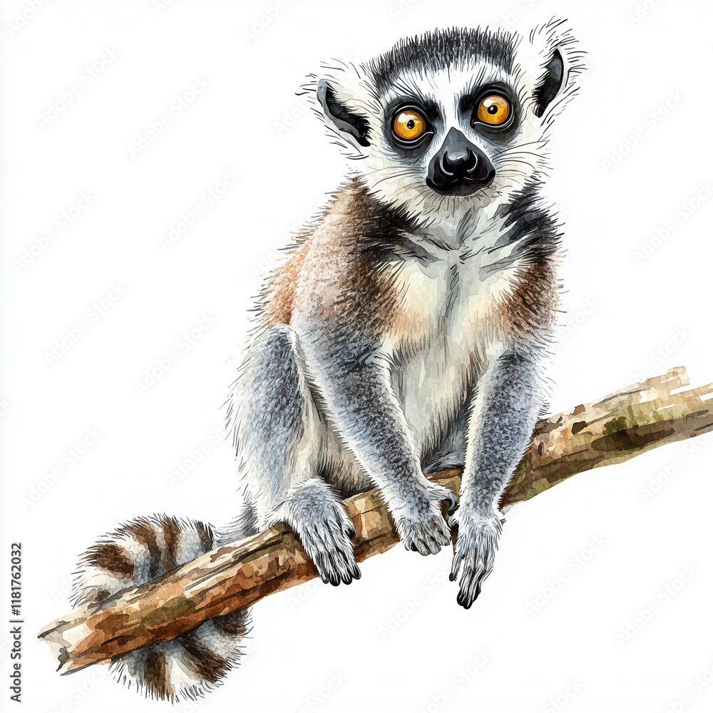 Fototapeta premium Illustration of the Ring-tailed Lemur resting on the branch, soft watercolor tones, white background, detailed illustration, cartoonish.