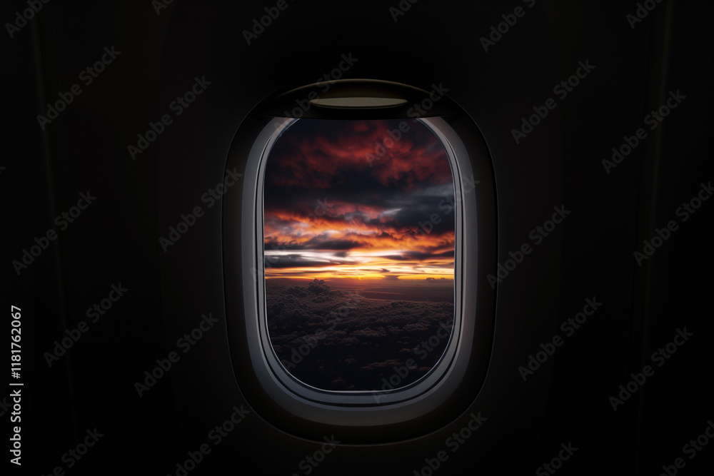 Airplane window view of clouds and sunset, serene and dreamy. Airplane window view of clouds and sunset, serene and dreamy.